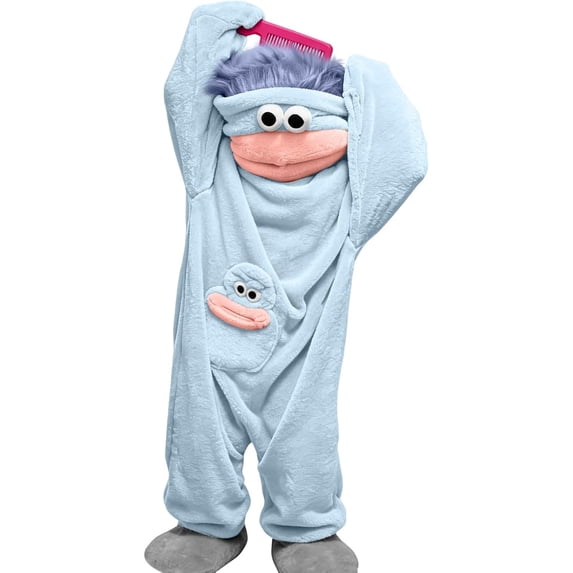 Little One's Fuzzy Blue Monster Costume Onesie, Soft Fleece Hooded Pajamas Bodysuit with Pocket Buddy for Halloween Party Dress Up