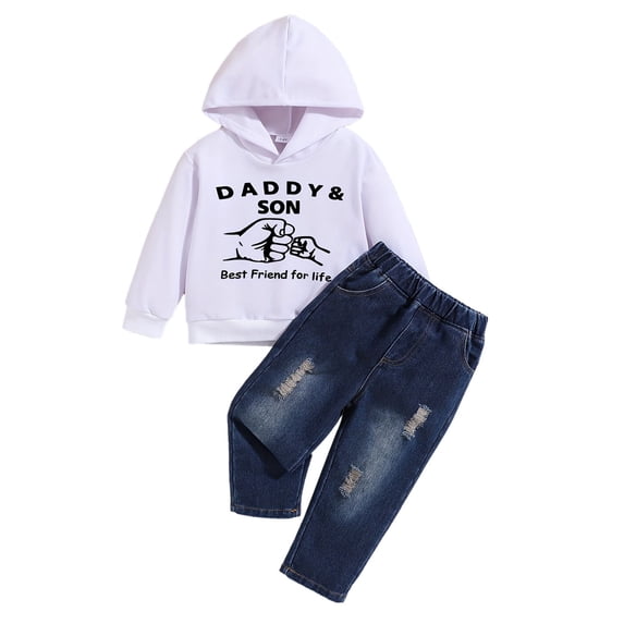 Little Outfits For Boys Children Minimalist Letter Long Sleeved Hooded Sweatshirt Denim Pants Comfortable And Loose Casual Two Piece Going Out Sets Size 7-8T