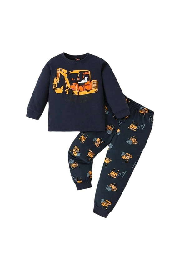 Little Outfits for Boys 2025 Fashion Autumn Excavator Printed Long Sleeve Drawstring Cute Fall Clothes Navy Size 7-8T