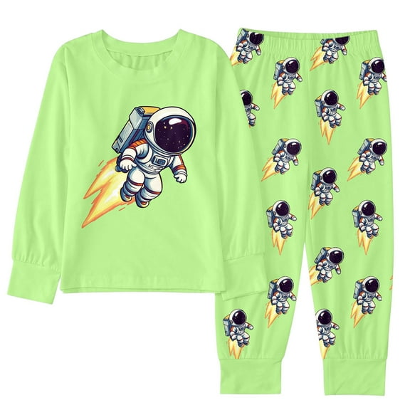 Little Outfits for Boys Winter Astronaut Cartoon Print Long Sleeve Top Pants Pajamas Kids Homewear Casual Dress Up Clothes Light Green Size 5-6