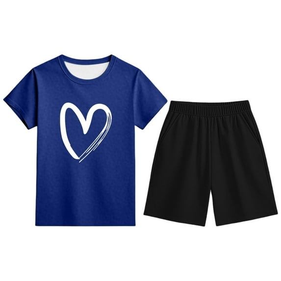 Little Outfits for Girls Sets Casual Wear Heart Print Short Sleeve Top Shorts Kids Fall Girls Clothes Blue Size 5-6T