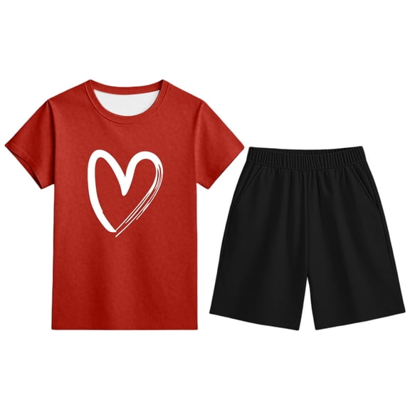 Little Outfits for Girls Sets Casual Wear Heart Print Short Sleeve Top Shorts Kids Fall Girls Clothing Sets Red Size 7-8T