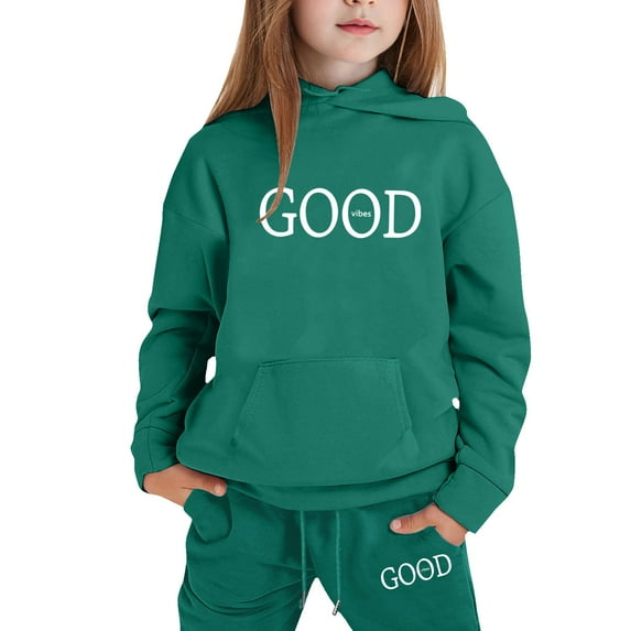 Little Outfits for Girls Sets Casual Winter Wear Trendy Printed Hooded Sweatshirt Cute Girls Fall Clothes Dark Green Size 7-8T