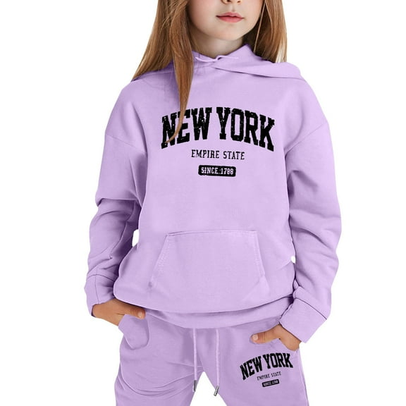 Little Outfits for Girls Sets Casual Winter Wear Trendy Printed Hooded Sweatshirt Cute Girls Fall Clothes Purple Size 5-6T