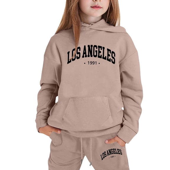 Little Outfits for Girls Sets Casual Winter Wear Trendy Printed Hooded Sweatshirt Cute Girls' Fall Clothing Sets Khaki Size 6-7T