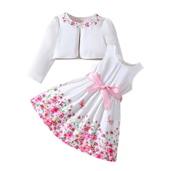 Little Outfits for Girls Sets Floral Dress Spring Two Piece With Cardigan Floral Print Dress Fall Girls Clothes White Size 6-7T