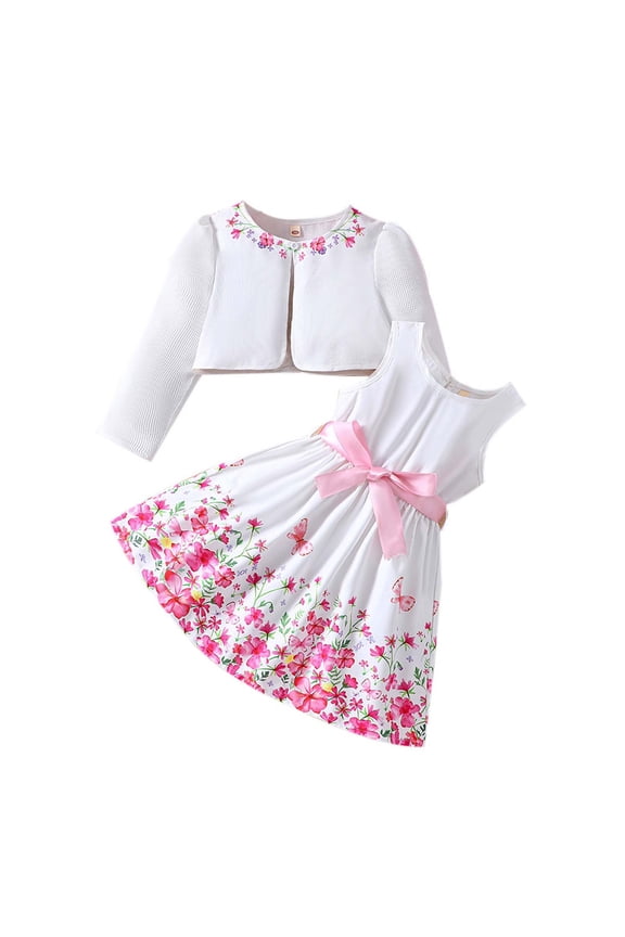 Little Outfits for Girls Sets Floral Dress Spring Two Piece With Cardigan Floral Print Dress Fall Girls Clothes White Size 6-7T