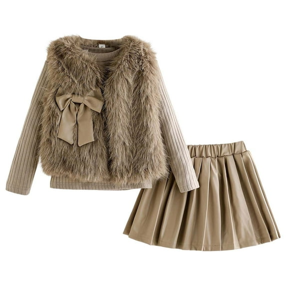 Little Outfits for Girls Sets Vest Long Sleeve Round Neck Top Pu Leather Pleated Skirt 3 Piece Kids Cute Girls' Fall Clothing Sets Khaki Size 5-6T