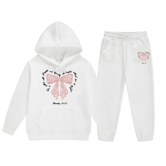 Little Outfits for Girls Sets Winter Hoodie Joggers Comfy Casual Kids Print Cute Girls' Fall Clothing Sets White Size 6-7T
