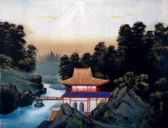 Little Pagoda at Brook Japanese Art Canvas Art - (24 x 36)