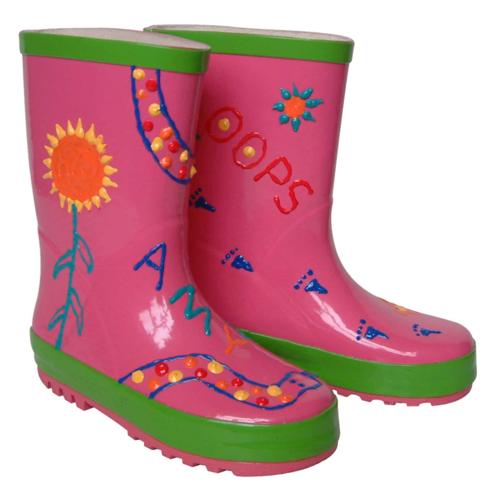 Little Pals Kids Paint Your Own Wellies Rain Boots, Pink with Green Trim, US Kids Size 9.5