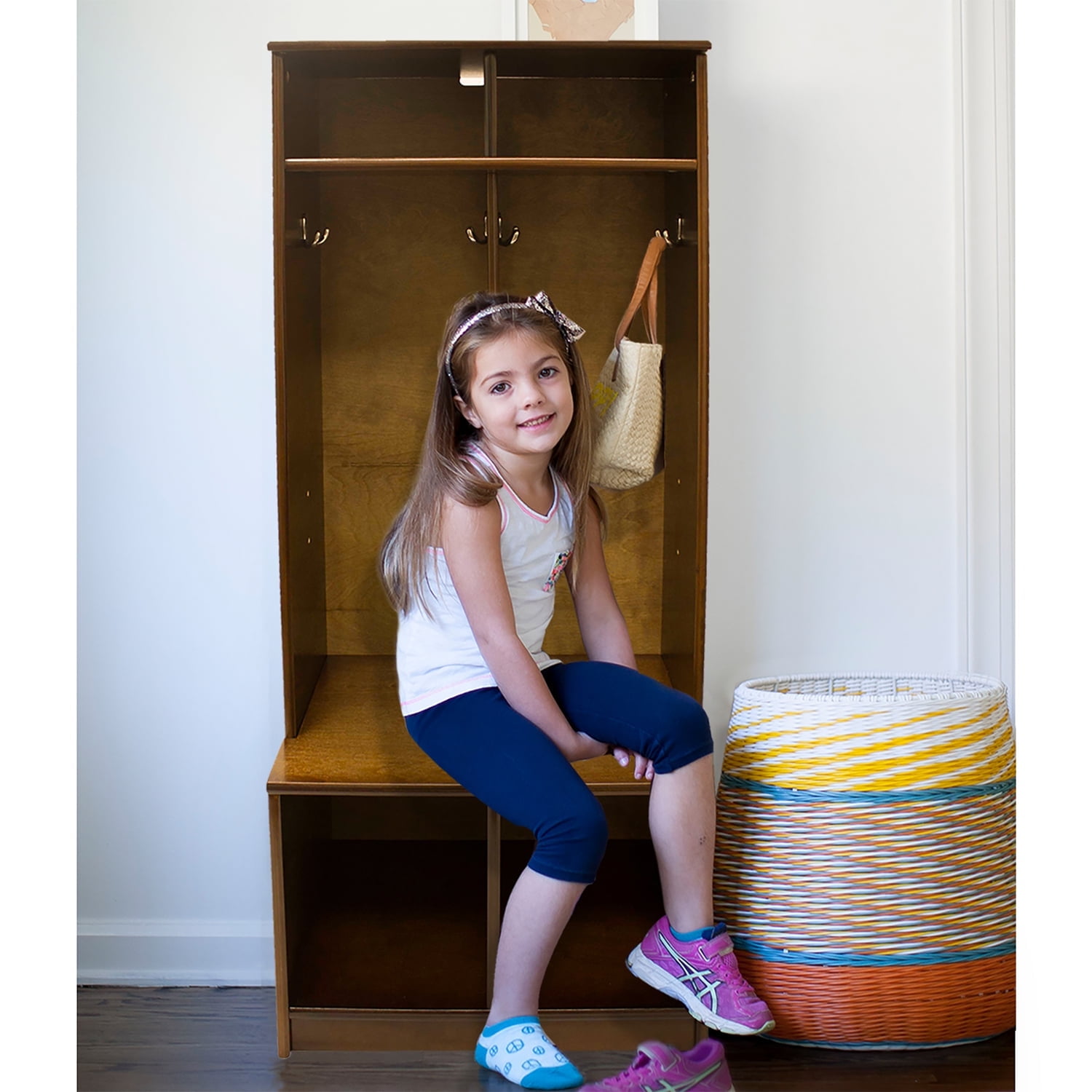 Espresso Wooden Kids' Storage Locker with Bench and Hooks