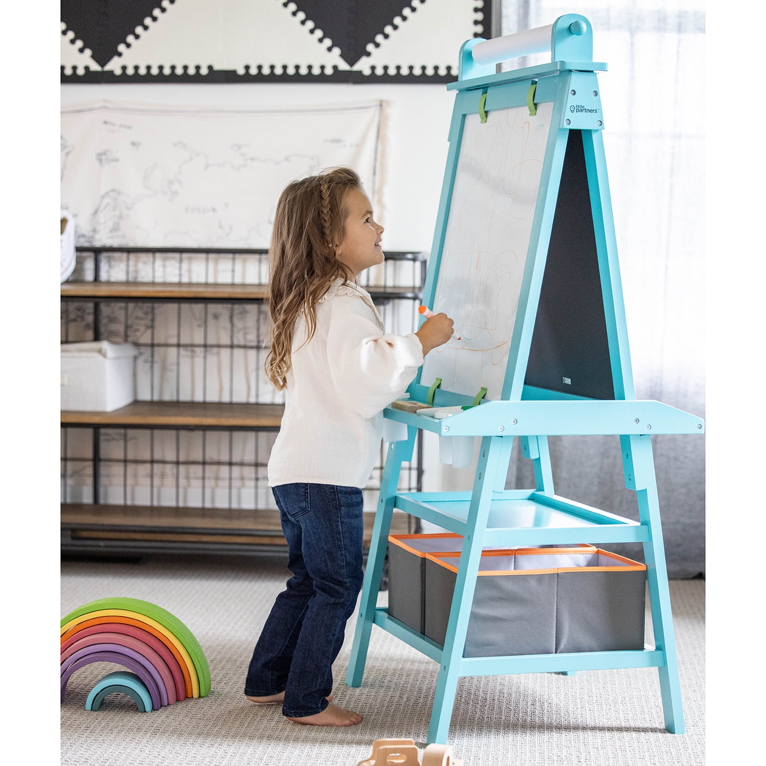 Turquoise Pine Freestanding Magnetic Art Easel with Storage Bins