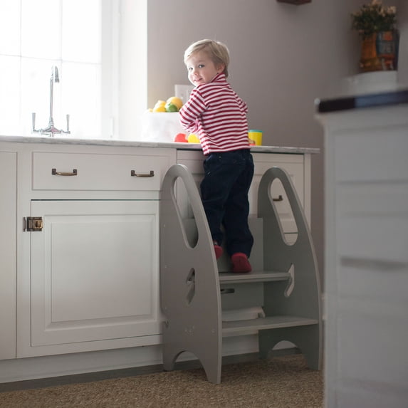 Little Partners 3-in-1 Growing Step Stool Toddler Tower Helper Step Stool, Wooden Toddler Standing Stool for Bathroom or Kitchen, Anti-Slip Feet, Built-in Safety Hand Rails - Silver Drop