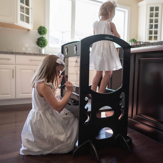 Little Partners Chef Series Learning Tower Toddler Tower – Kitchen Stool Adjustable Height Standing Tower Helper, Wooden Frame Counter Step-Up - Premium Charcoal Grey