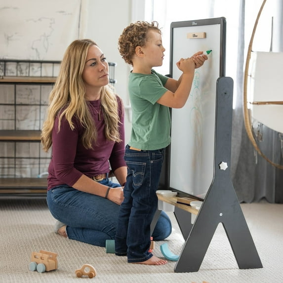 Little Partners Contempo Art Toddler Easel - Adjustable Height Two-Sided Paint Station for Kids with Chalk Board, Magnetic Dry Erase Board, Paper Holder, Paint Containers - Charcoal with Natural