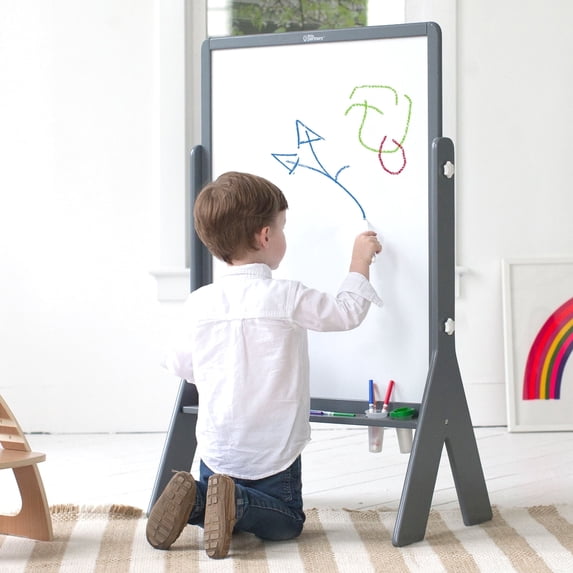 Little Partners Contempo Art Toddler Easel - Adjustable Height Two-Sided Paint Station for Kids with Chalk Board, Magnetic Dry Erase Board, Paper Holder, Paint Containers - Earl Grey