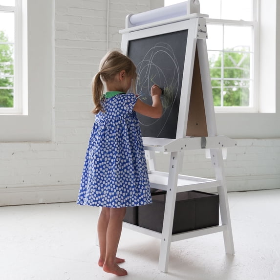 Little Partners Deluxe Learn 'N Play Toddler Easel for Kids, Two-Sided Art Center with Chalkboard, Magnetic Dry Erase Whiteboard, Paper Feed, Storage Bins, Paint Containers - Soft White