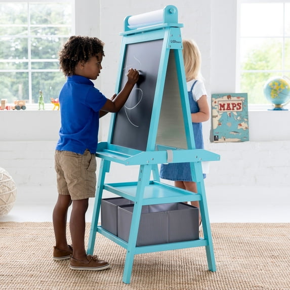 Little Partners Deluxe Learn 'N Play Toddler Easel for Kids, Two-Sided Art Center with Chalkboard, Magnetic Dry Erase Whiteboard, Paper Feed, Storage Bins, Paint Containers - Turquoise