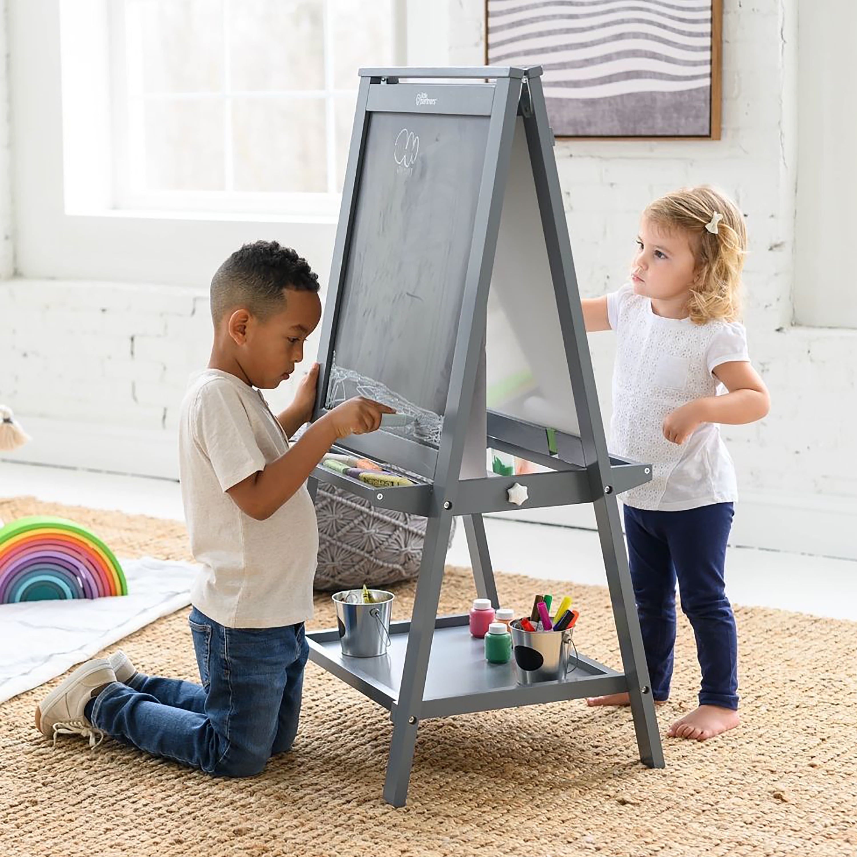 Kids' Standing Art Easel Dry-Erase Board Double Sided Chalkboard Coffee