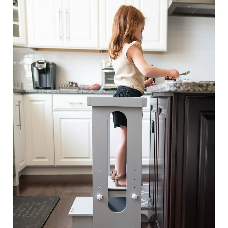 Little Partners Explore N Store Learning Tower kids adjustable height kitchen step stool for toddlers or any little helper Silver Drop