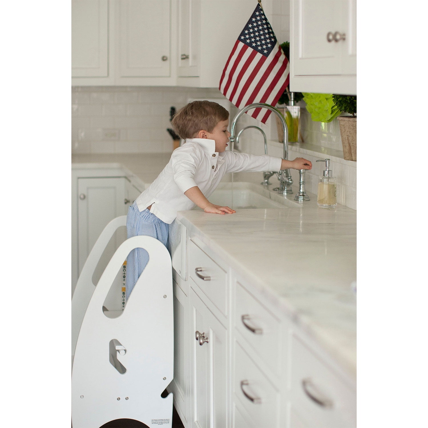Adjustable Soft White Birchwood Toddler Step Stool with Safety Railings