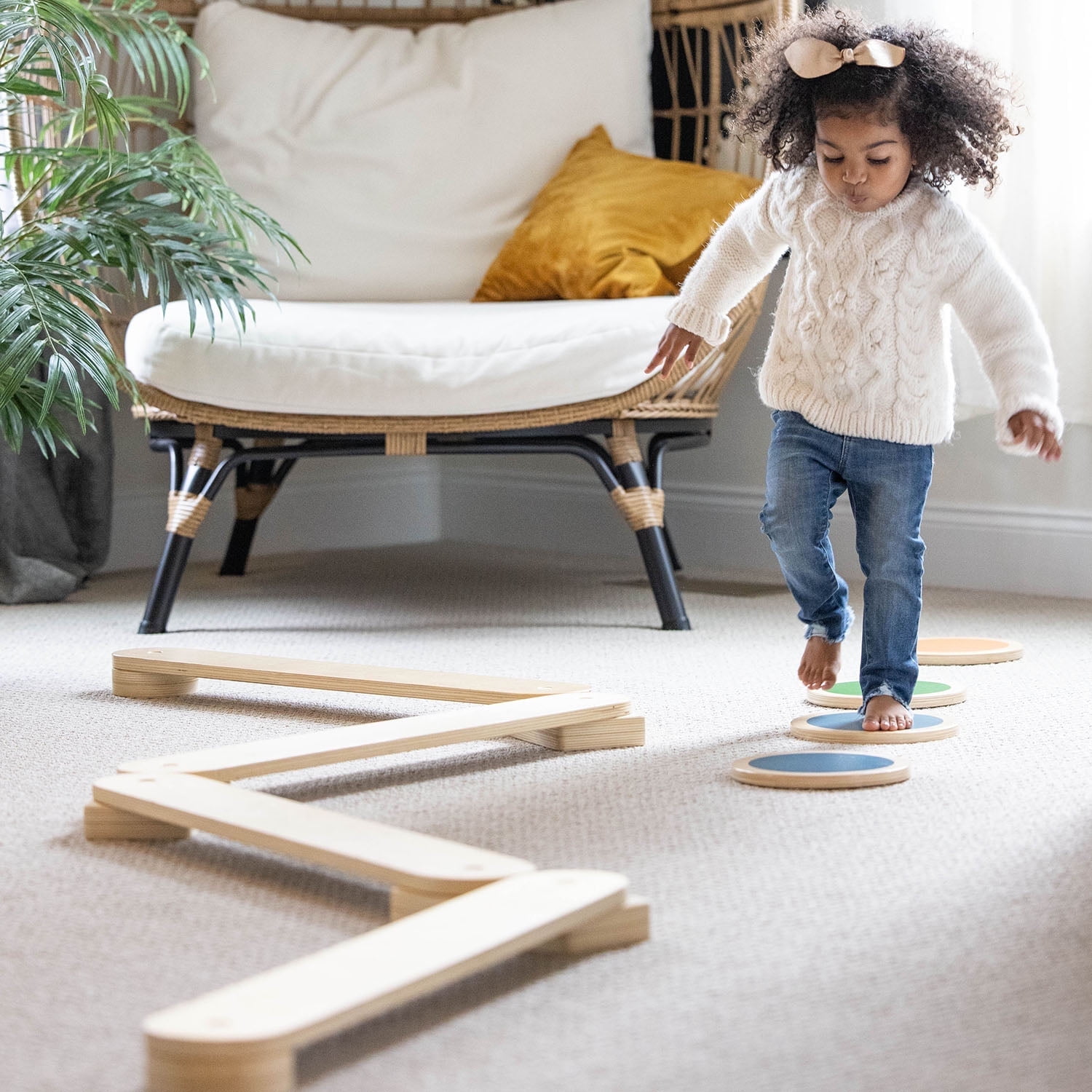 Little Partners Learn 'N Balance Set Wooden 4 Stepping Stones Montessori Furniture Balance Board for Toddlers Kids Play Gym - Natural