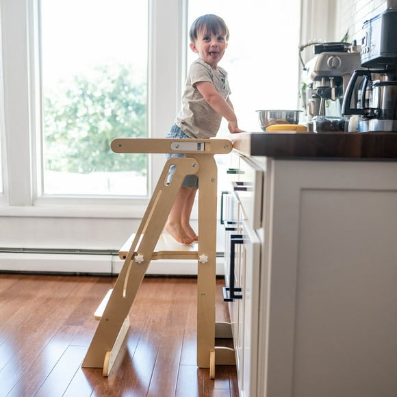Little Partners Learn 'N Fold Learning Tower, Foldable Toddler Tower Baby Kitchen Stool -  Kitchen Stool Helper Adjustable Ladder for Kids Ages 2 to 6 - Natural
