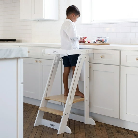 Little Partners Learn 'N Fold Learning Tower, Foldable Toddler Tower Baby Kitchen Stool - Kitchen Stool Helper Adjustable Ladder for Kids Ages 2 to 6 - Soft White with Natural