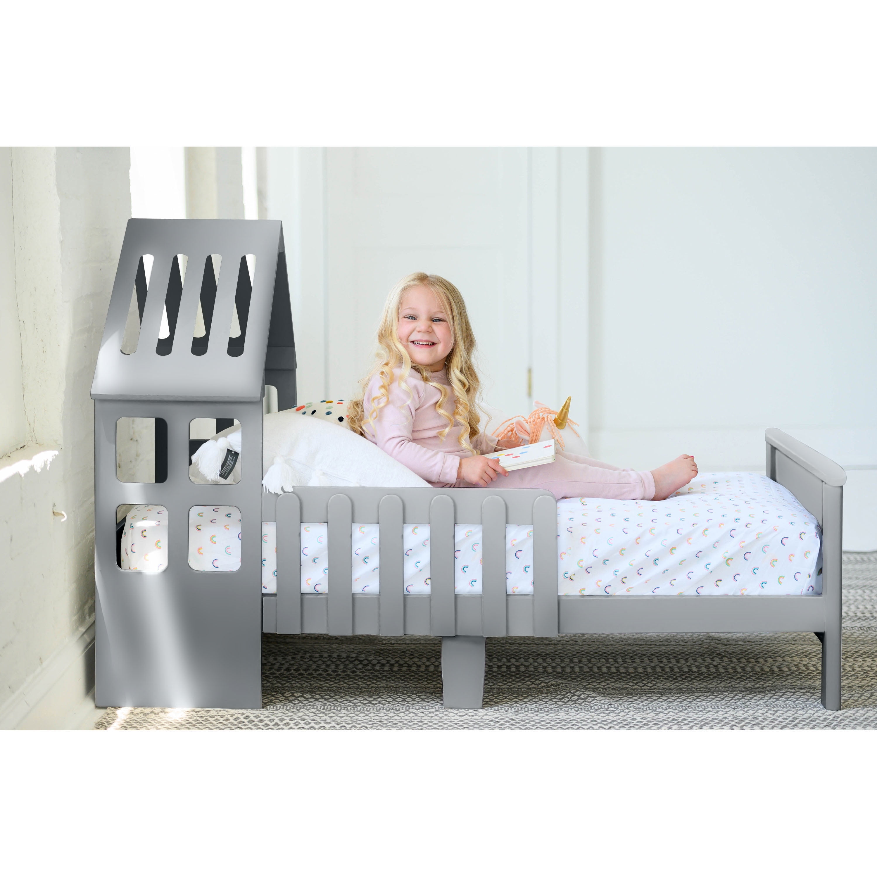 Silver Pine House-Shaped Toddler Bed with Guard Rails
