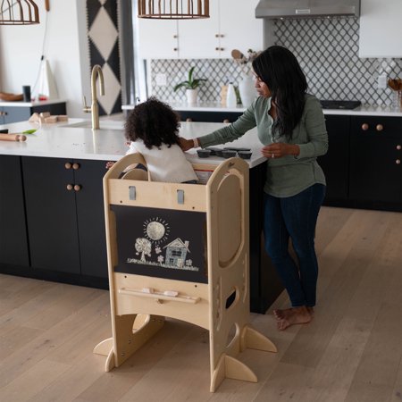 Little Partners Learning Tower Limited Edition Toddler Tower Step Stool Activity Center, Kids Wooden Standing Platform with Adjustable Height, Chalkboard, Safety Rails (Natural)