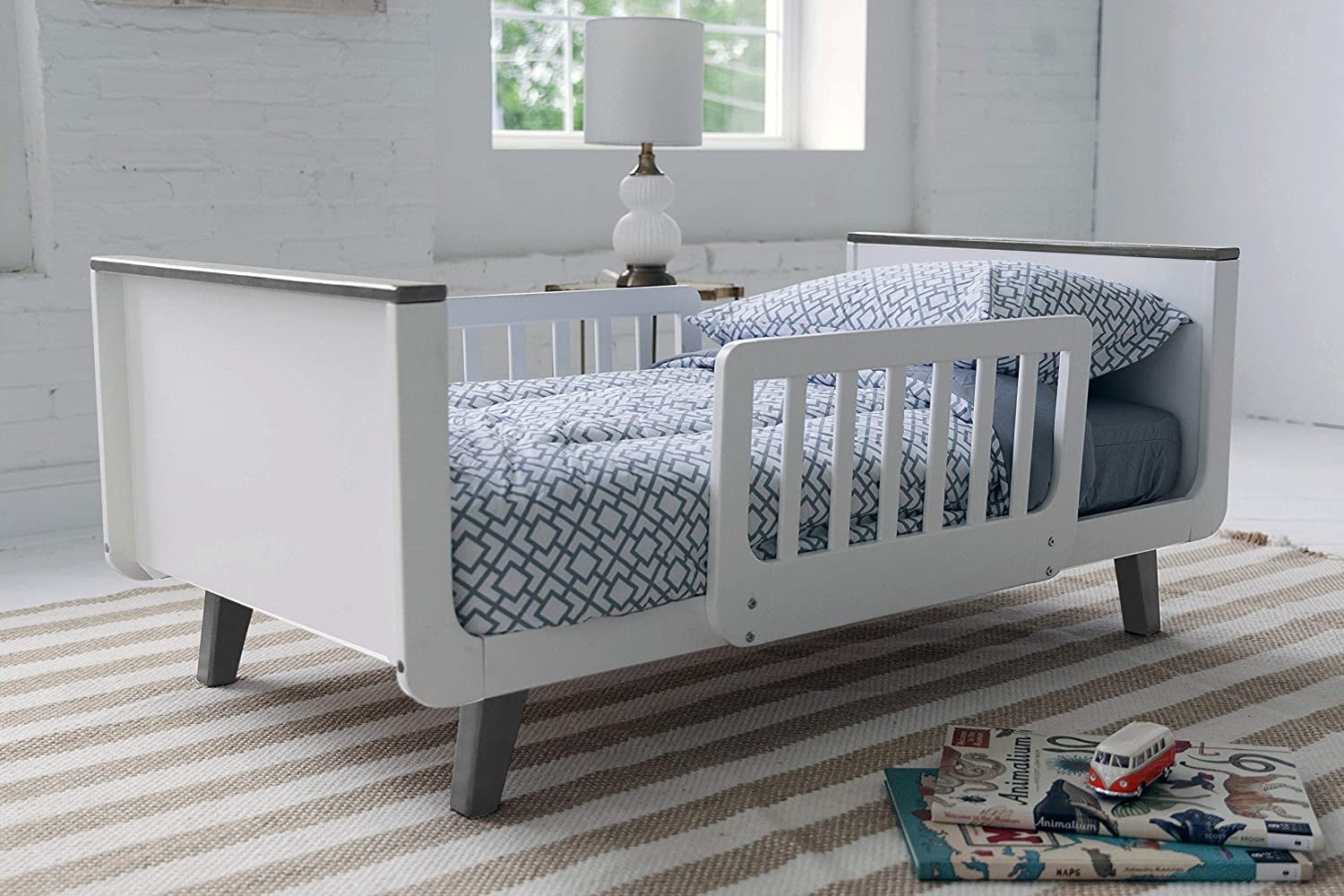 White and Gray Wood Toddler Bed with Safety Rails
