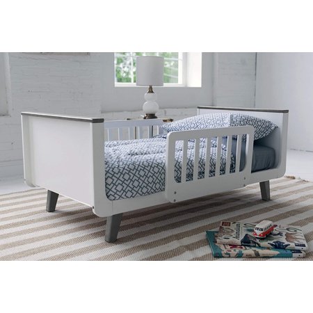 Little Partners MOD Kids Bed - Solid Wood Classic Design Transitional Toddler Bed with Rails for Children's Bedroom with Two Safety Guards, Low-to-Ground Profile - White & Earl Grey