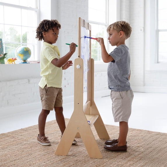 Little Partners Peek-A-Boo Art Toddler Easel, Two-Sided Adjustable Height Clear Plexi Glass Paint Station for Kids with Built-in Storage, Eraser, Paint Containers - Natural