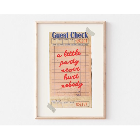A Little Party Never Hurt Nobody Print, Guest Check Print, Trendy Kitchen Decor, Bar Cart Print, Retro Guest Check Wall Art, Funky Decor Wall Art, Modern Wall Decor, 8x12 UNFRAMED