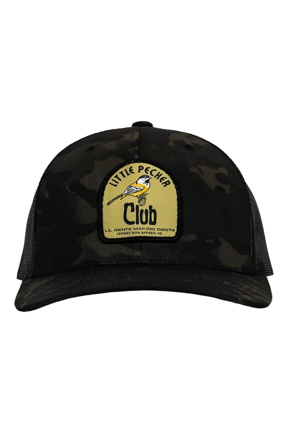 Little Pecker Club Snapback Hat – Mid-Profile Mesh Back Cap with Custom Patch, Black Multicam / Black
