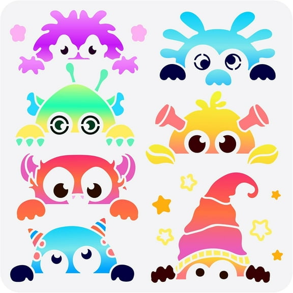 Little Peepers Monster Painting Stencil - 11.8x11.8 inch Plastic 7 Styles Reusable