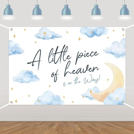 A Little Piece of Heaven Baby Shower Backdrop Blue Clouds Theme Backdrop Banner Clouds Moon Stars Photography Background for Boys Girls Baby Shower Supplies 5 * 3ft