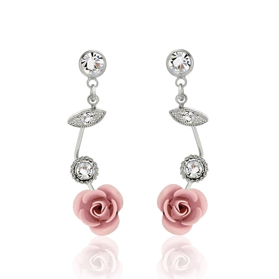Dainty Pink Rose Drop Earrings with Crystal Accents - 1 Inch Romantic Floral Dangle Earrings Jewelry Earring Silver