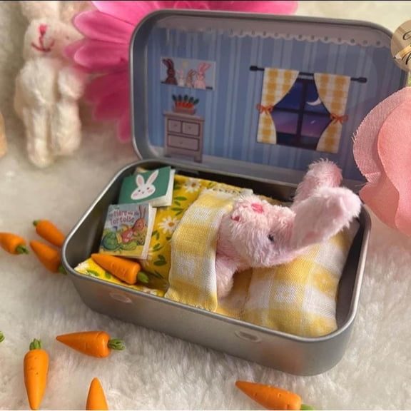 Little Pocket Bunny In Boxes, Easter Basket Stuffer, DIY Pet Bunny Adoption, Cute Rabbit with Carrot,Mini Plush Stuffed Animal, Easter Gifts for Kids (Pink)