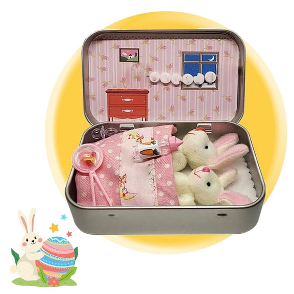 Little Pocket Bunny Decorative Boxes, Easter Basket Stuffer, DIY Pet Bunny Adoption, Easters Baskets Decorative Boxes,Easter Gifts for Kids,Rabbit Plush Toy in a Tin: Miniature Bed Set (Pink)