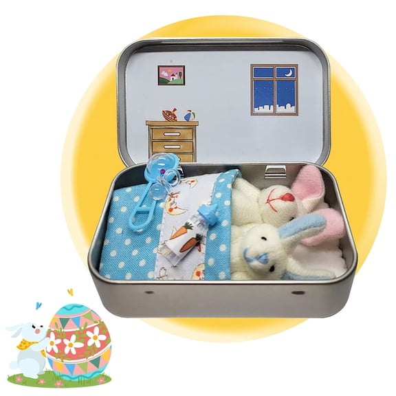 Little Pocket Bunny Decorative Boxes, Easter Basket Stuffer, DIY Pet Bunny Adoption, Easters Baskets Decorative Boxes,Easter Gifts for Kids,Rabbit Plush Toy in a Tin: Miniature Bed Set (Blue)