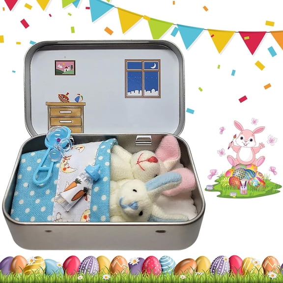 Little Pocket Bunny Decorative Boxes, Easter Basket Stuffer, Easter Gifts for Kids, DIY Pet Bunny Adoption, Easters Baskets Decorative Boxes,Rabbit Plush Toy in a Tin: Miniature Bed Set
