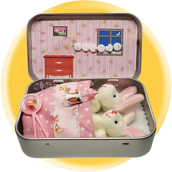 Little Pocket Bunny Decorative Boxes, Easter Basket Stuffer, Easter Gifts for Kids, DIY Pet Bunny Adoption, Easters Baskets Decorative Boxes,Rabbit Plush Toy in a Tin: Miniature Bed Set (Pink)
