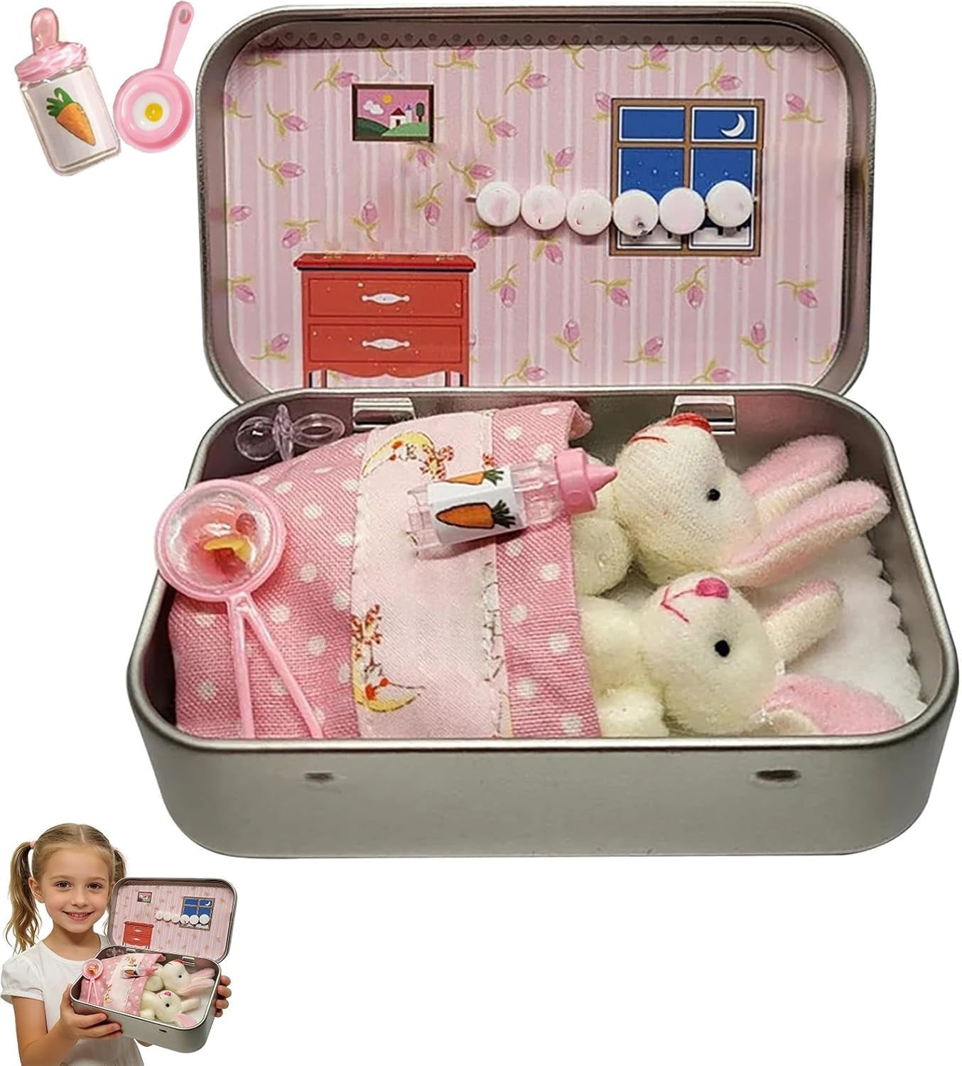 Little Pocket Bunny Tiny Rabbit Toy in Tin - Easter Party Favors & Small Stocking Stuffers - Set of Cute Mini Bunnies