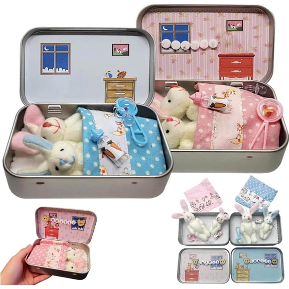 Little Pocket Bunny in a Tin - Cute Easter Basket Stuffer & Birthday Gift - Miniature Plush Rabbit Toy for Kids and Adults