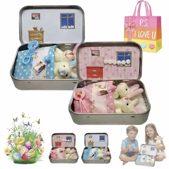 Little Pocket Bunny with Mini House - Easter Basket Stuffers for Kids, DIY Pet Adoption Gift, Personalized Plush Toy for Easter Decorations（2pcs）