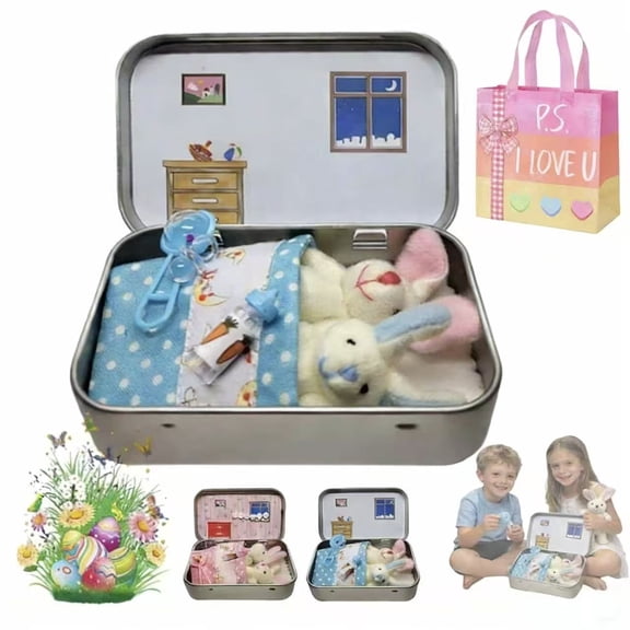 Little Pocket Bunny with Mini House - Easter Basket Stuffers for Kids, DIY Pet Adoption Gift, Personalized Plush Toy for Easter Decorations（blue）