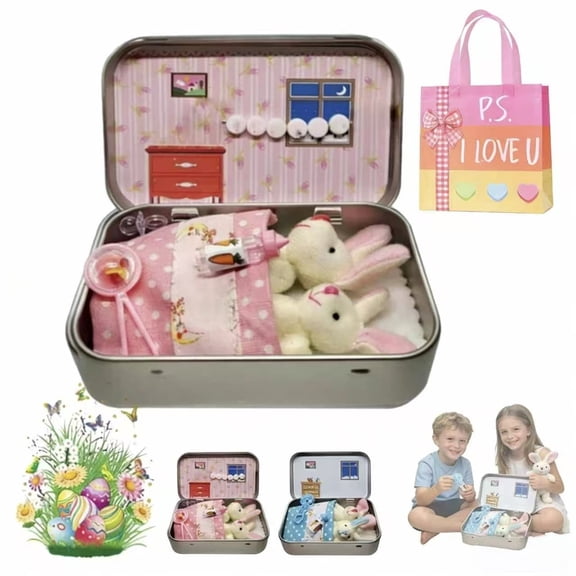 Little Pocket Bunny with Mini House - Easter Basket Stuffers for Kids, DIY Pet Adoption Gift, Personalized Plush Toy for Easter Decorations（pink）