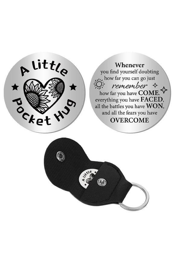 Little Pocket Hug Keepsake Inspirational Tokens Stainless Steel Double Sided Engraved Words Heart Sunflower Long Distance Relationship Gifts with Leather Keychain for Friendship Family DIY